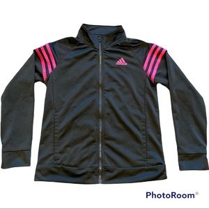 ADIDAS Track Jacket Front Pockets Black With Pink Stripes Full Zipper Size 14